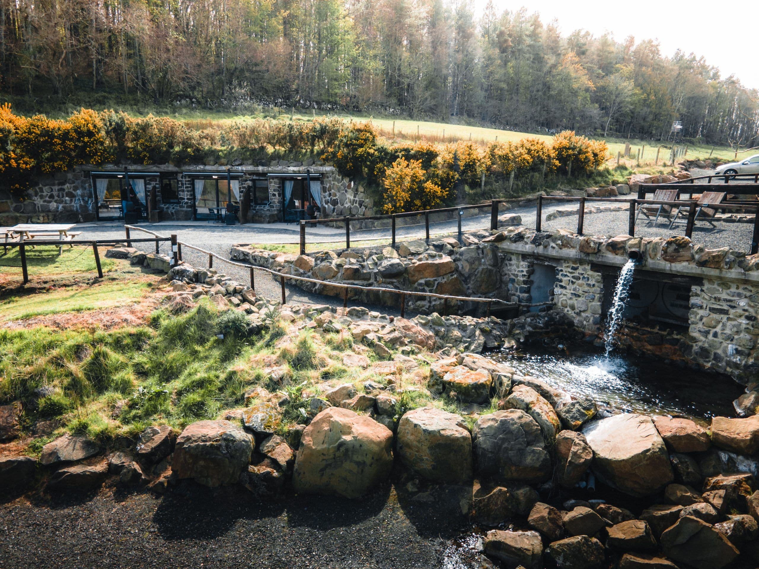 The caves accommodation built into the foot of Binevenagh mountain at Tír Hollow Retreat